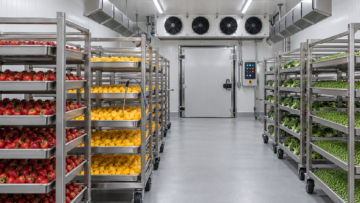 Cellule de surgélation industrielle pour fruits et légumes avec chariots, plateaux ventilés et évaporateurs
