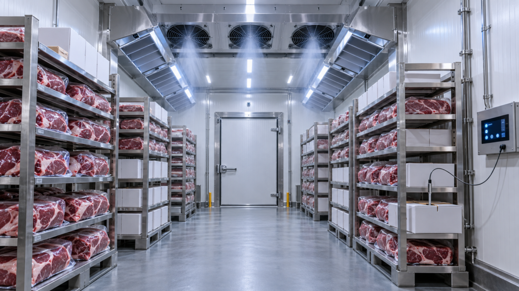 Cellule de surgélation pour viande avec viande rouge emballée, évaporateurs de surgélation et circulation d’air maîtrisée