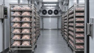 Cellule de surgélation pour volaille avec poulets entiers emballés et filets de poulet sur des chariots séparés, illustration.